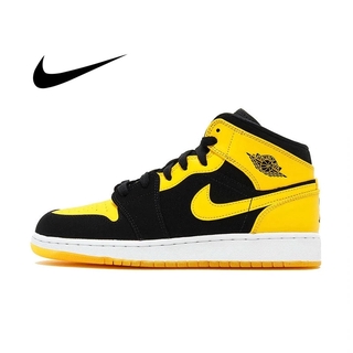 caliente 2021 original nike air jordan 1 mid aj1 negro amarillo joe para hombre zapatos de baloncesto alta parte superior cómodo deportes al aire libre antideslizante