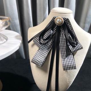 lu mujeres en capas corbata broche vintage cuadros impresión imitación perla bowknot camisa cuello (4)