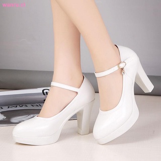 cheongsam pasarela de tacón alto zapatos de cuero femenino blanco tacón grueso único modelo rendimiento una hebilla tacón redondo dedo del pie redondo zapatos de trabajo de las mujeres s zapatos