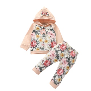 [xhsa]-tops de estampado floral con capucha de manga larga para niños recién nacidos+pantalones florales conjunto de ropa