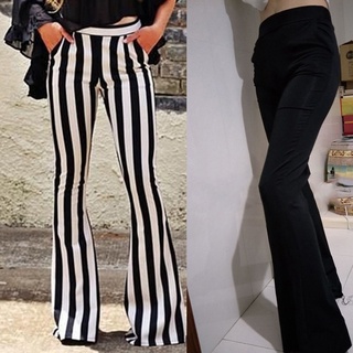 Women Ladies Stripes Flared Pants High Waisted Wide Leg Belted Trouse