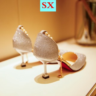 Fone de ouvido bluetooth plata con hebilla de lentejuelas sandalias de tacón medio mujer otoño 2021 nuevos zapatos de tacón de gato con punta hueca zapatos de un solo partido tacones altos