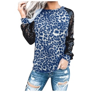 Newseason mujer Casual leopardo impresión lentejuelas O cuello manga larga suelta camiseta Tops