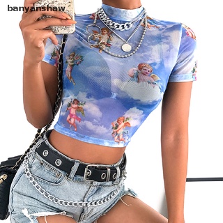 banyanshaw ángel impresión malla camiseta crop top cuello alto manga corta camisetas mujer streetwear cl
