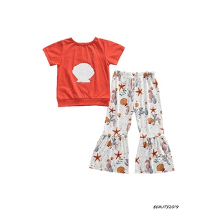 -2 Piezas trajes de verano para bebés, bebé niñas Shell impresión manga corta cuello redondo camiseta + organismo marino patrón acampanado pantalones
