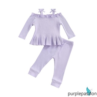 PURP-Baby Niñas Conjunto De Ropa De Color Sólido Manga Larga Vendaje Correa Tops Con Volantes Y Pantalones Casuales Elásticos