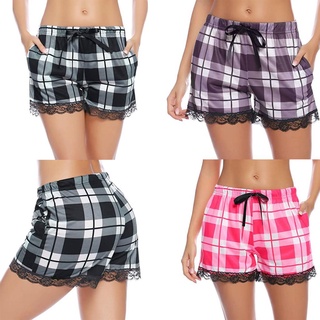 Laa7-Mujer pijamas pantalones cortos, patrón de cuadros elástico de encaje hasta la cintura pantalones con bolsillos para mujer (1)