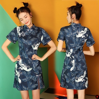 Mejorado Cheongsam vestido Retro estilo chino hebilla grúa patrón diario fresco delgado dobladillo hendidura joven