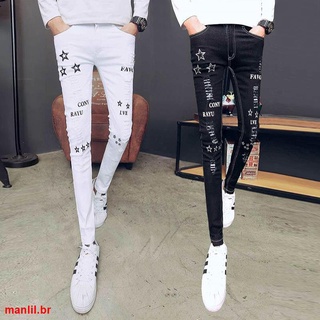 Primavera Y Otoño Nuevo Blanco Jeans Hombres s Coreano Slim Pantalones Personalidad Tendencia Impresión Ripped