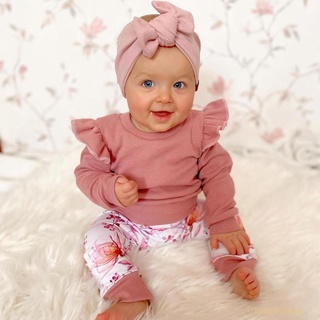 Laa6-bebé bebé 2Pcs manga larga Color sólido volantes mameluco + pantalones florales conjunto