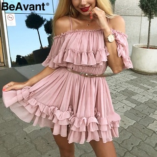 Mini falda De chifón rosada Para mujer con volante y correa De hombro/Vestido Elegante Para vacaciones/playa