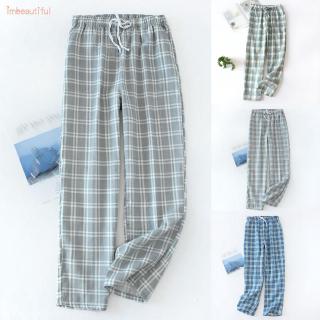 Hombres Casual verano suelto cintura elástica a cuadros azul gris pijama fondos pantalones ropa de dormir (8)