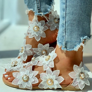 Plus Size Women's New Summer Sandals Multicolor Fashion Women Shoes Cute Lace Chiffon Pearl Flower Elegant Sandals