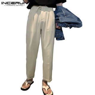 INCERUN Mens Casual Wide Leg Solid Color Drawstring Korean Style Straight Pants