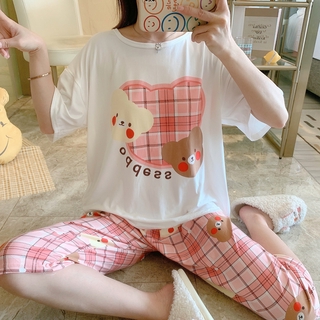Moda pijamas de verano suelto pijamas de las mujeres de verano de manga corta pantalones recortados dulce Casual de dibujos animados traje de servicio a domicilio (6)