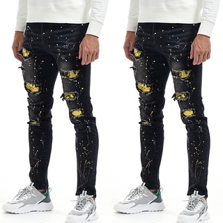 Pantalones Vaqueros Para Hombre Casual Slim Fit Skinny Jeans Pintura Pachwork Ripped Lápiz Denim (1)