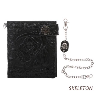 SKELETON Vintage Skull Leather Wallet With Anti Theft Chain Men Bifold ID Credit Card Holder (1)