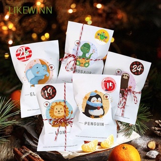 LIKEWINN 24sets Cartoon Animals Kraft Paper Bags Snowman Cookies Pouch Christmas Candy Bag Biscuit Party Favor Packing Supplies Gift Bags Xmas Stickers