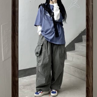 [kerja] Kargo pantalones 19ss estilo japonés retro amekaji rectos grandes bolsillos sueltos cintura elástica casual pantalones de trabajo ancho de la pierna pantalones para hombres y mujeres
