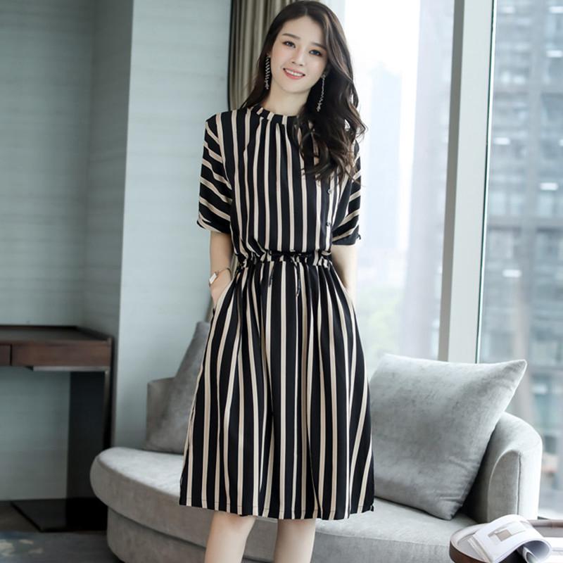 Mujer vestidos de manga corta estilo suelto tubo recto cintura elástica mediados falda larga (5)