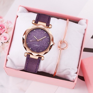 Reloj de mujer + pulsera Reloj de cuarzo analógico Romántico Starry Sky Dial Moda Casual Reloj de cuero para mujer Conjunto (3)
