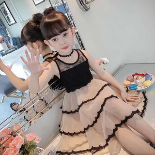 Las niñas sin mangas de una sola pieza vestido nuevo vestido de princesa de verano de la moda de estilo coreano de los niños de verano mediano y grande de los niños negro de seda de encaje falda (1)