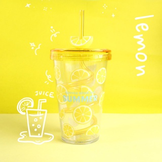 Envío rápido 480ml verano limón amarillo/fresa rojo/Avocado verde copa de beber con paja giratoria libre de BPA ^ ^