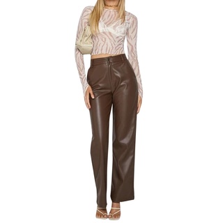 ☀Ld❂Pantalones de estilo suelto para mujer con bolsillos, Color sólido, cintura alta, pantalones de pierna recta, marrón/negro
