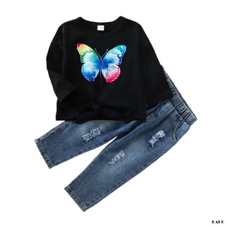E6-2pcs niños pequeños chándal de otoño, mariposa impresión manga larga camiseta + pantalones casuales de mezclilla para niñas, 1-5 años
