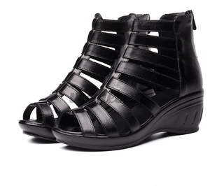 verano de las mujeres gladiador romano cuña tacón negro sandalias peep toe zapatos de cuero (1)