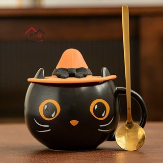 Halloween regalos negro gato taza con gorra de bruja lindo gatito único de cerámica taza de café para oficina y hogar
