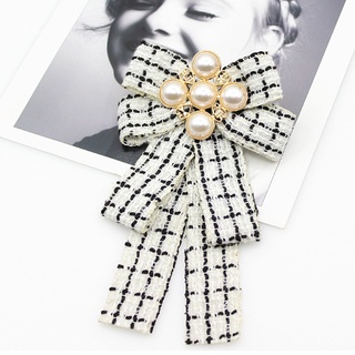 dusk mujeres vintage elegante cuadros rayas impresión pre-atada cuello lazo broche imitación perla joyería cinta lazo corbata corsage para cuello camisa accesorios de ropa (7)