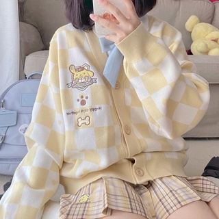 My Melody Kawaii Japonés Harajuku Cinnamon Perro Kuromi JK suéter suelto tablero de ajedrez dulce linda chaqueta de punto