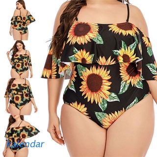 KALEN Women Plus Size One-Piece Swimsuit Sexy Off Shoulder Tummy Control Monokini Sunflower Print Flounce Ruffled Bathing Suit