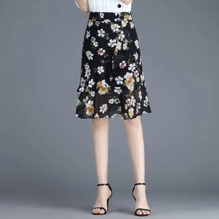 Falda corta de gasa, falda de media longitud, falda femenina, cintura alta, falda de sirena floral de una línea, falda de cadera