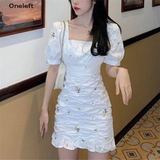 Oneleft nuevo estilo retro floral espuma manga vestido cintura falda cuello cuadrado falda mi