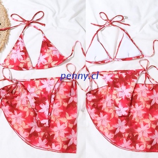 PEN Sexy 3pcs Swimsuit Set Women Boho Floral Print Brazilian Triangle Bikini Halter Bandage Bathing Suit with Sarong Skirt