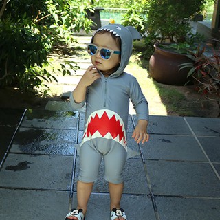 verano bebé niños lindo tiburón de una pieza con capucha protección solar trajes de baño traje de playa (5)