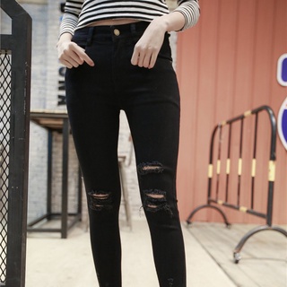 *bg* mujer lápiz pantalones flaco elástico denim gastado agujeros cintura alta jeans (1)