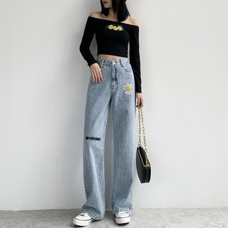 Cintura alta ancho de la pierna jeans de las mujeres s bordado suelto 2021 primavera y otoño nuevo estilo de la cortina es más delgada y alta margarita mopping pantalones (1)