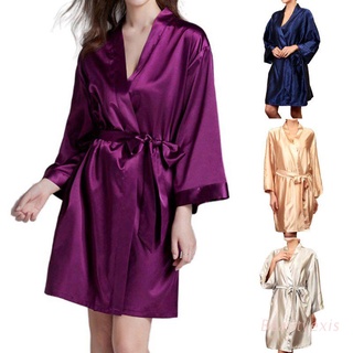 exis mujer imitación seda corto kimono bata bata abierta frontal color sólido suelto dama de honor albornoz cinturón ropa de dormir