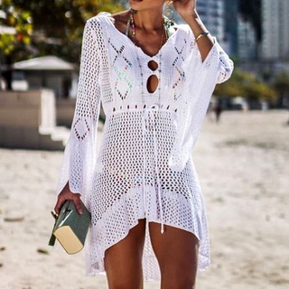 Hueco protector solar camisa playa blusa de punto con manga acampanada larga túnica Pareos verano traje de baño cubrir mujeres (4)