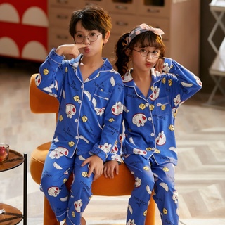 Pijama conjunto Simple de manga larga camisón de dibujos animados impreso solapa camisón transpirable Unisex para niñas y niños grandes de algodón Loungewear