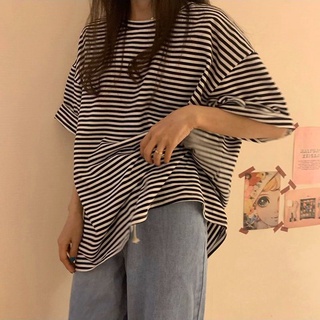 Camiseta de manga corta a rayas sueltas elegantes femeninas de estilo coreano
