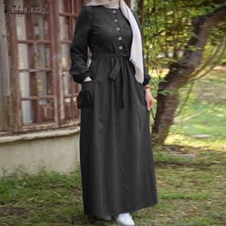ZANZEA Women Casual Denim Elastic Cuffs Belted Muslim Long Dress (4)