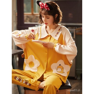 Pijamas de manga larga de color caqui de algodón para mujeres estudiantes de primavera y otoño lindo estilo coreano para niñas de secundaria ropa de casa Casual