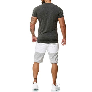 ☽Uf♣Conjunto de ropa deportiva de estilo deportivo para hombre, bloqueo de Color, manga corta, cuello redondo, camiseta con pantalones cortos (8)