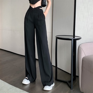 Negro de cintura alta suelta cortina de pierna ancha traje casual pantalones