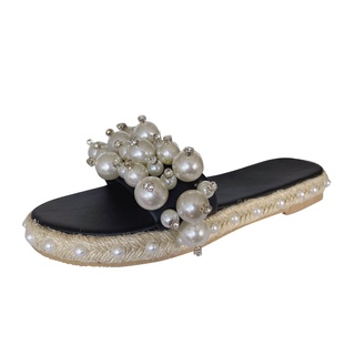 Mujer perla moda zapatillas de una palabra plana de gran tamaño sandalias y zapatillas