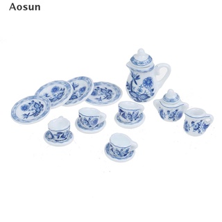 [Aosun] 15Pcs 1:12 Dollhouse miniature blue flower tableware porcelain coffee tea cups .